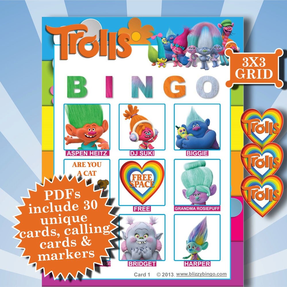 Trolls 3x3 Bingo printable PDFs contain everything you need to