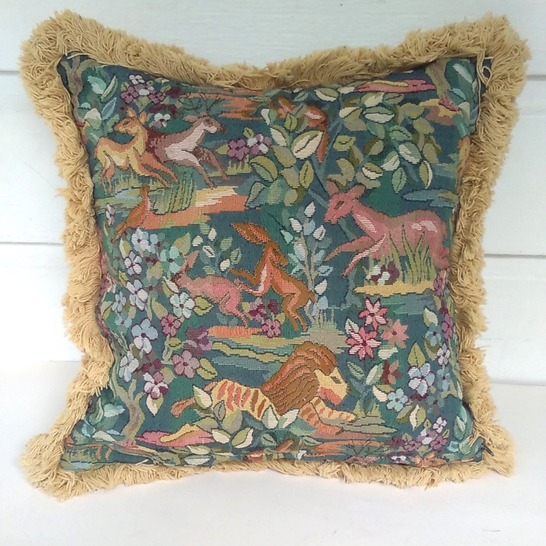 Vintage Jungle Lion Tapestry Decorative Pillow Fringe Animal