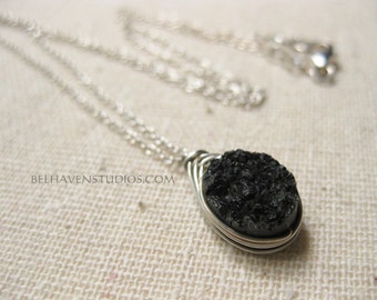 Oval black Druzy sterling silver necklace Wire wrapped gemstone necklace Layering necklace Everyday Dressy trendy silver jewelry