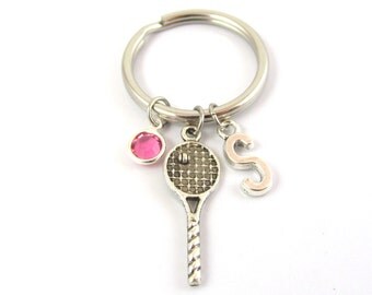 Tennis Keychain- choose a birthstone and initial, Tennis Keyring, Tennis Gift, Tennis Player, Tennis Racquet, I Love Tennis, Sports Keychain