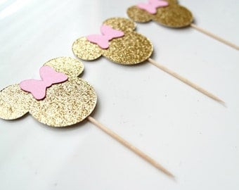 Minnie Mouse Cupcake Toppers - Minnie Mouse Party Decor - Gold Minnie Head and Pink Bow.