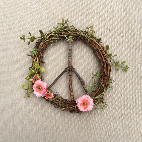 bohemian decor natural wreath floral wreath peace sign rustic