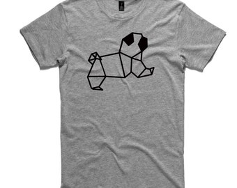 Pug Origami T-Shirt by RockPaperHeart in grey, dog geometric tee mens and womens sizes gray