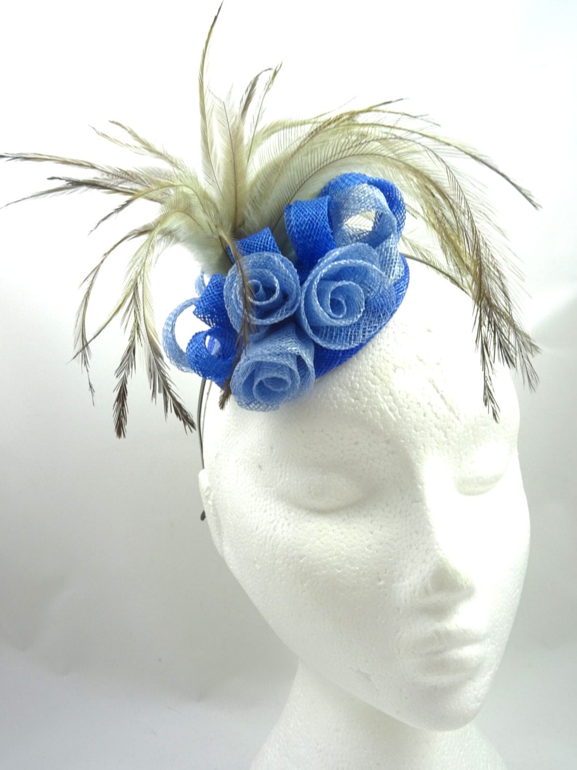 Fascinator hat cornflower blue royal blue brown headpiece