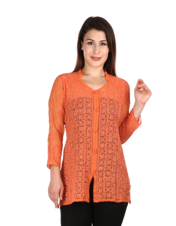 Indiankala4u - Orange Ladies Indian Lucknow Chikankari Hand Embroidery ...