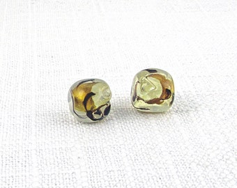 Milk Glass Foiled Lampwork Beads, Brown and Gold 11mm Cubes S090