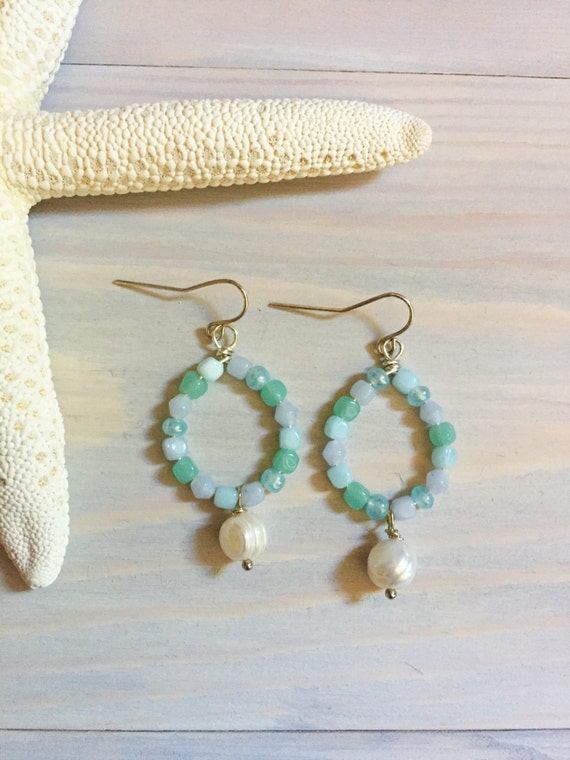 Freshwater Pearl Earrings Beach Wedding Earrings Blue