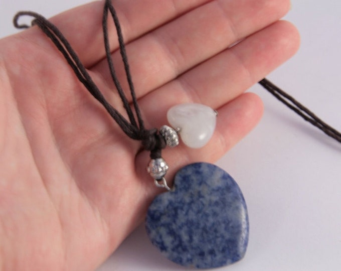 Sodalite Blue Heart Necklace Healt Claming Energy White Quartz Agate Little Heart Pendant Necklace Two Hearts