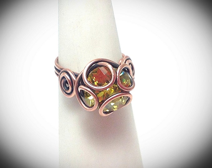 Antiqued copper wire wrapped ring with triple band & encaptured cubic zirconia