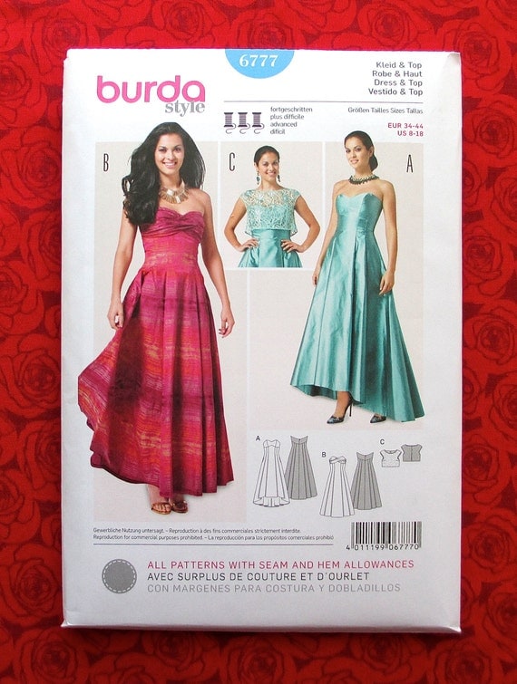  Burda  Sewing Pattern  6777 Formal  Dress  Evening  Gown Crop