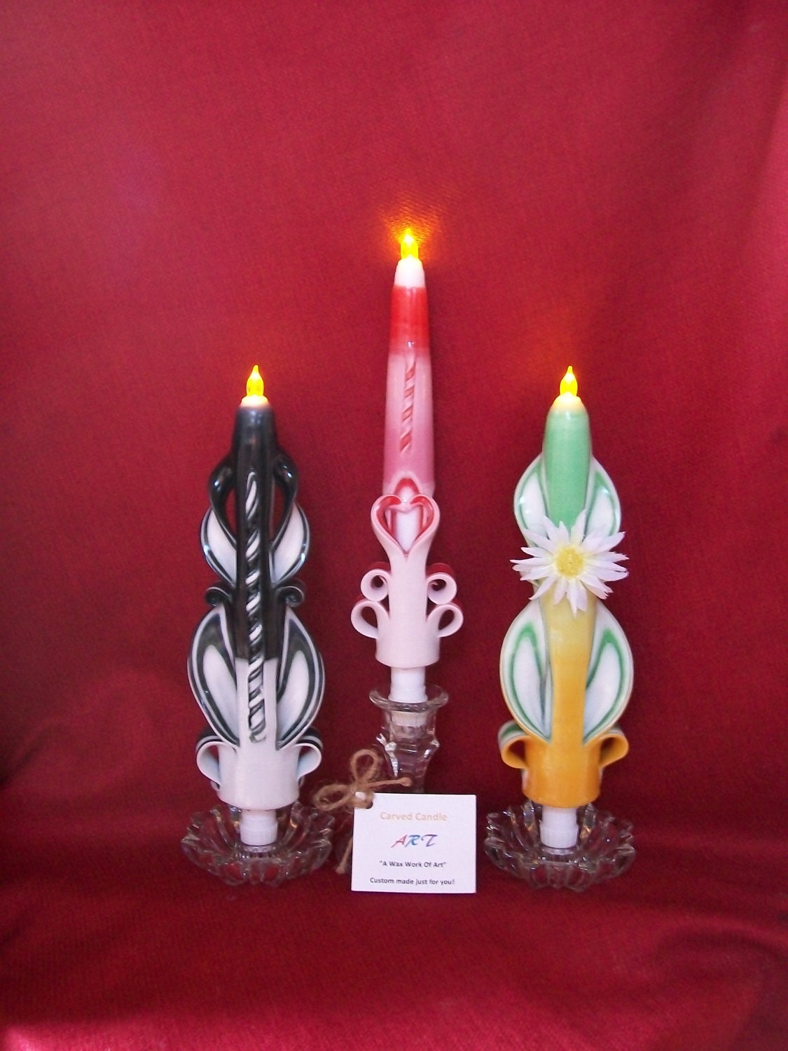 LED Carved Tapers © Custom Hand Carved Candles Your Color
