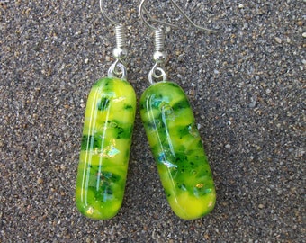 Lime green and lemon yellow with dichroic sparkles fused glass earrings