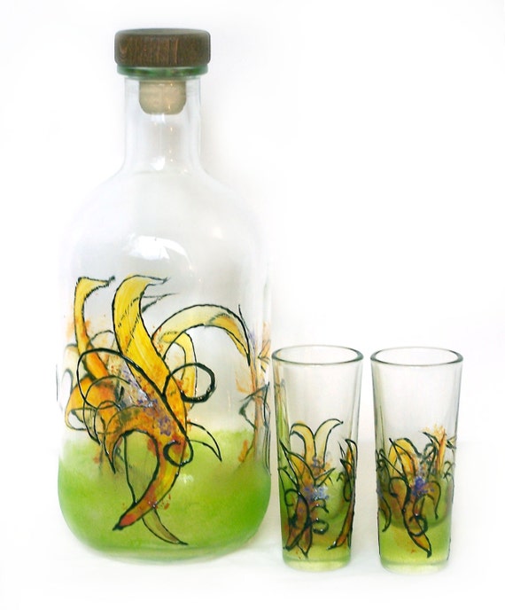 Hand Painted Tequila Decanter Set with 2 shots