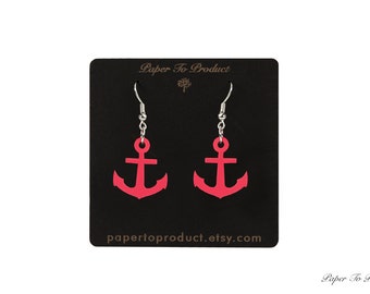 Wood Earrings Pink Laser Cut Anchor Wood Earrings