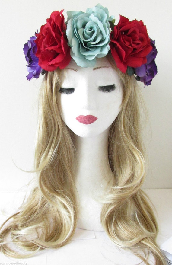 Large Purple Red Rose Flower Hair Crown Headband Festival
