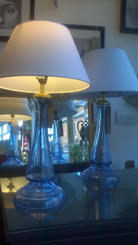 Vintage Laura Ashley Blue Glass Tall Table Lamp by InnerSpaceInc