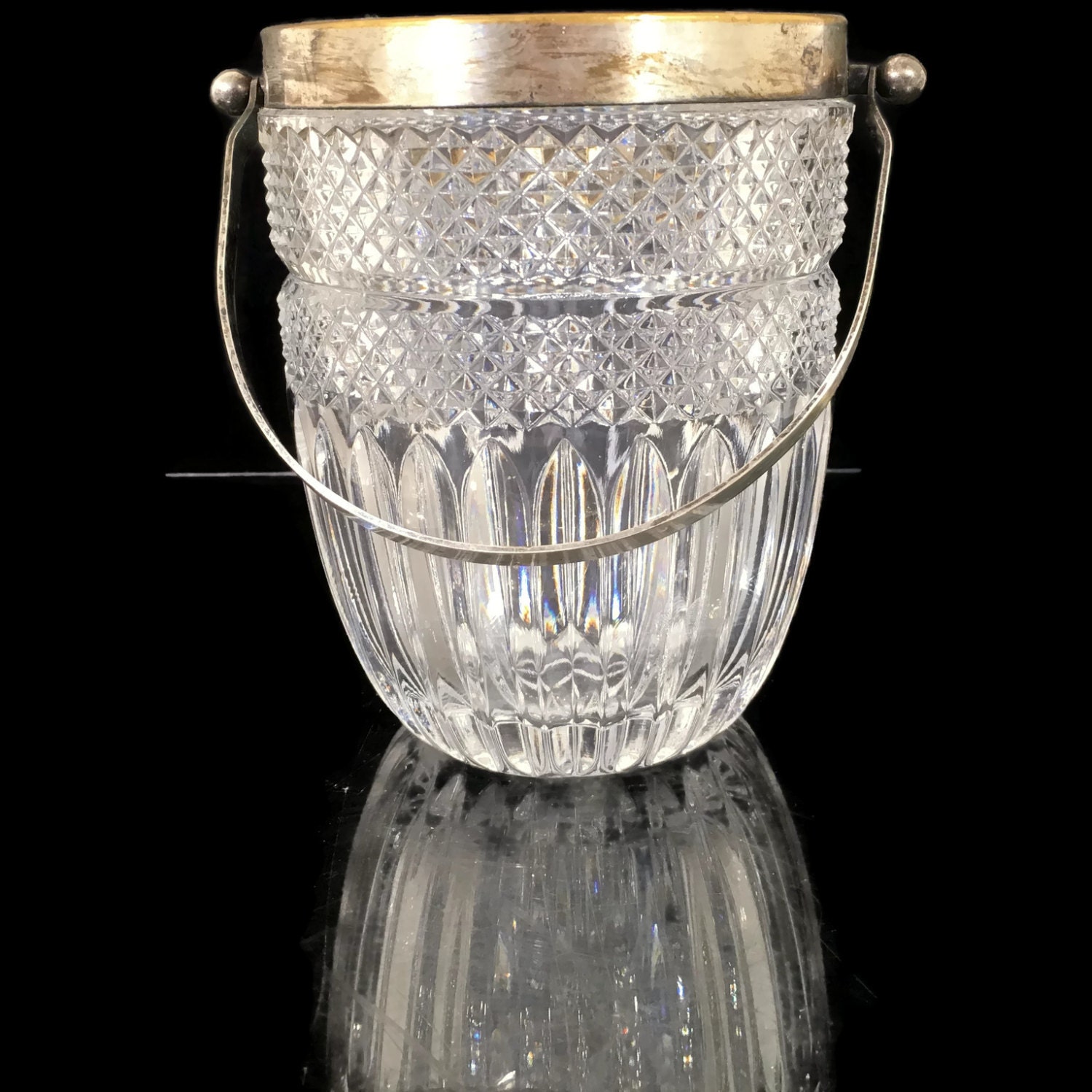 Vintage Glass and Silverplate Ice Bucket with Handle