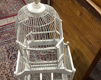 Vintage WOOD BIRD CAGE, Shabby Chic, White Chippy Paint, Wedding Bird House, Card Holder Wedding