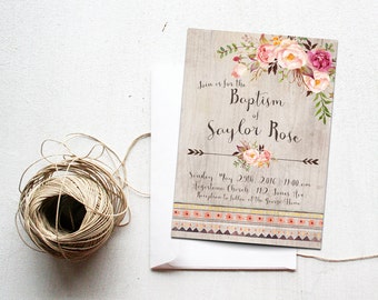 Baptism Invitation Printable, Floral Girl Baptism Invite, Christening, Blessing, Dedication Announcement, Naming Day, Wood grain