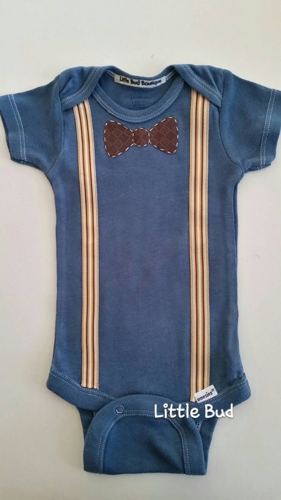 Items similar to Baby Boy Onesie with Bowtie, Denim Blue Onesie with Brown Patterned Bowtie and