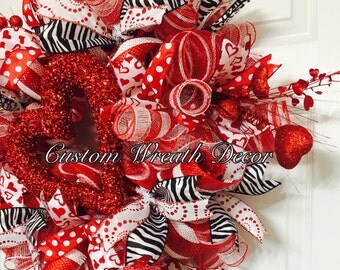 Valentine's Day Wreath, Valentine Wreath, Love Wreath, Heart Wreath, Red Black White Valentine Wreath, Valentine Deco Mesh Wreath