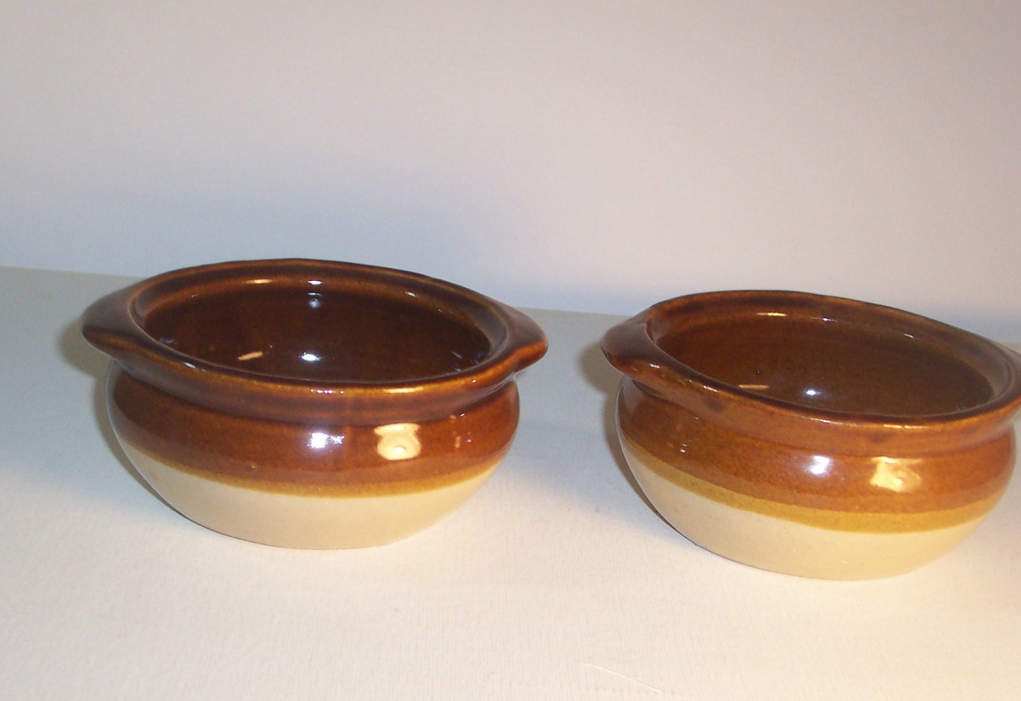 2 Vintage Monmouth Pottery Brown Tan Baked Bean Bowls Western