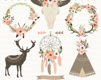 Fall Floral Tribal Clip Art. Floral Skull, Dream Catcher, Floral Teepee, Floral Wreaths. 11 images, 300 dpi Eps, Png files. Instant Download