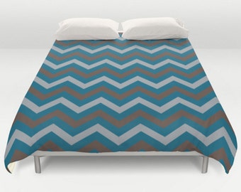 Teal Duvet Cover, Teal Chocolate Duvet, Chevron Comforter, Blue Brown Grey Duvet, Gray Teal Bedding, Bed Cover, King Queen Full Twin, Size