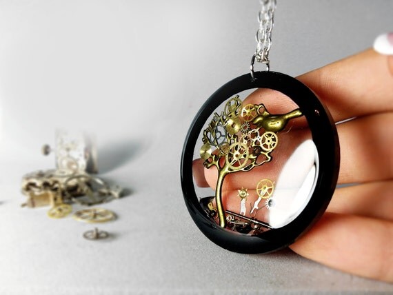 Tree of Life, Resin Steampunk Pendant, Vintage Watch Parts, Steampunk Necklace, Steampunk Jewelry, Unusual, Unique, reversible pendant gift by ByEmilyRay steampunk buy now online