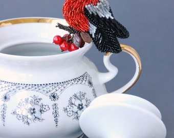 Brooch handmade beaded Beadwork Embroidery bullfinch Red Grey Black Brooch with bird Beaded pin Embroidered brooch Beadwork Winter trends