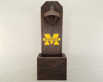 Wall Mounted Bottle Opener, University of Michigan, Wolverines, Bottle Cap Catcher, Football, U of M