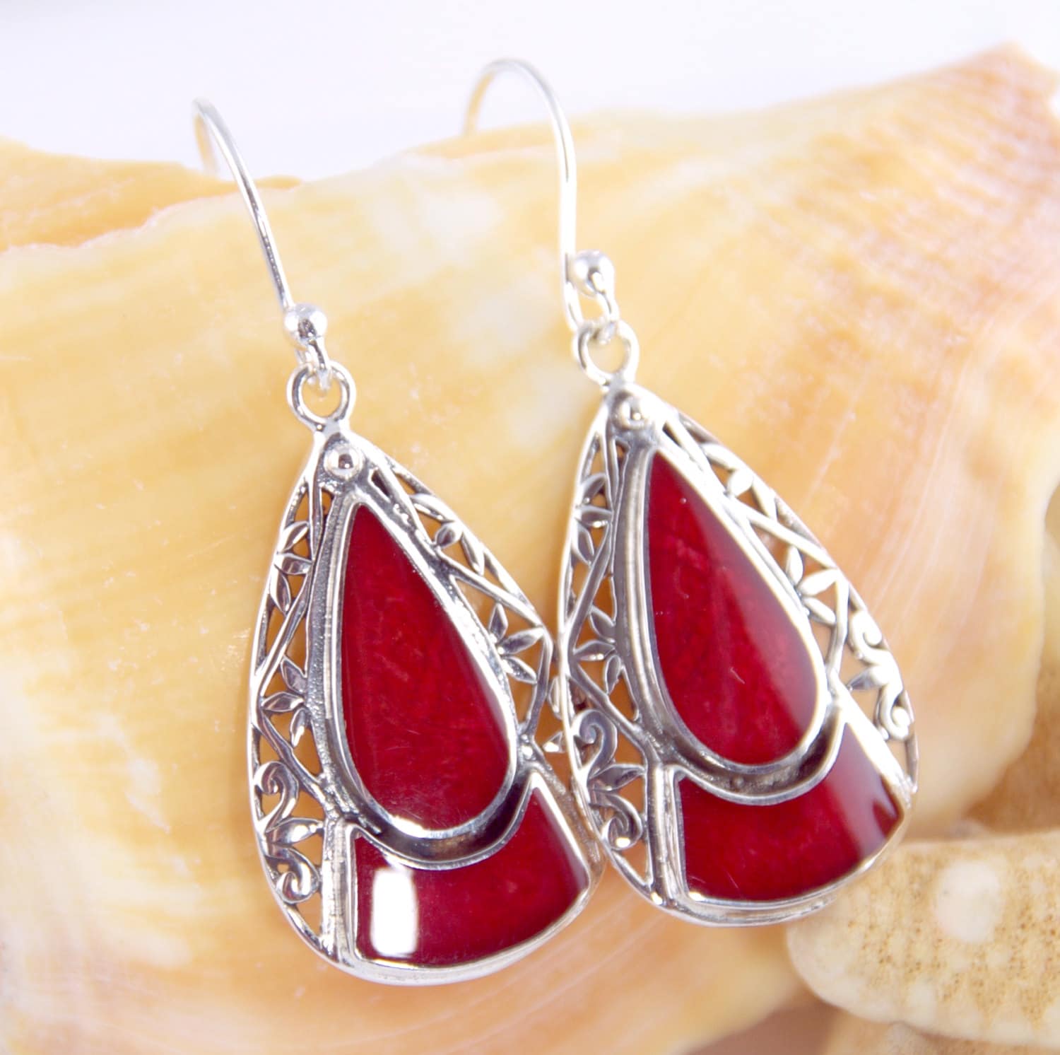 Sterling Silver Red Coral Earrings Bohemian by LoveBaliJewelry