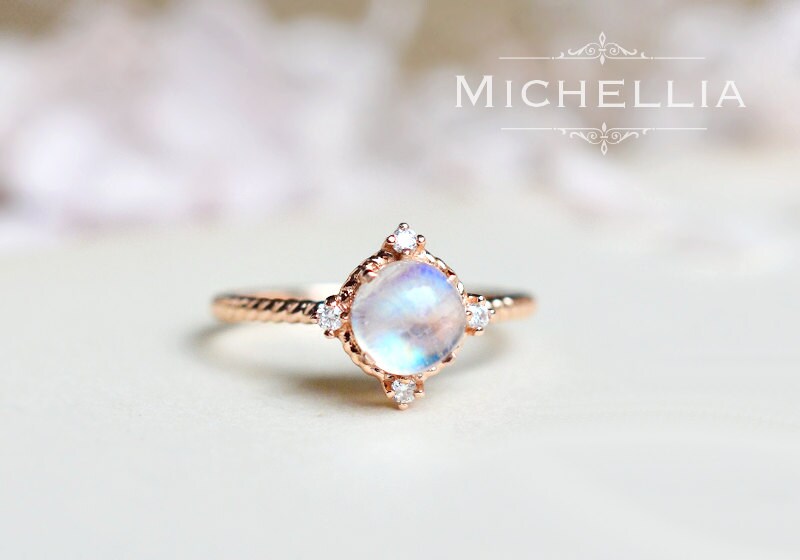 14K/18K Moonstone Galaxy Ring with Diamond Star Moon Ring