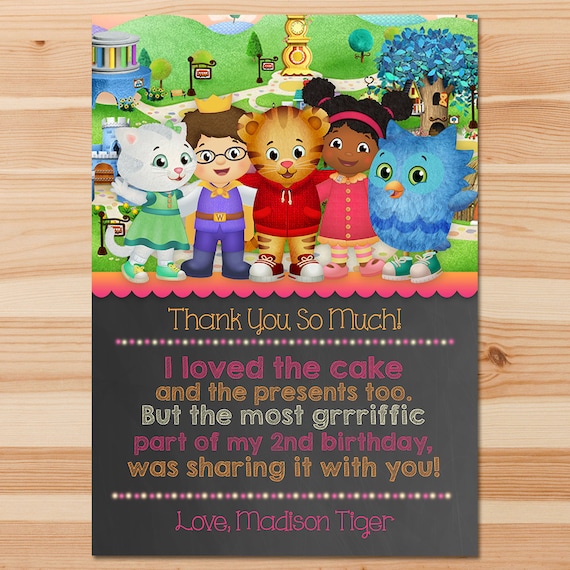 Daniel Tiger Birthday Thank You Card Pink Chalkboard Girl