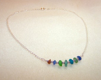 Genuine Sea Glass Necklace 18 Inch Beach Glass Jewelry for Women Silver Chain Colorful Necklace for Her Unique Jewlery Small Gift Ideas