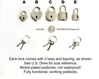 BDSM Padlocks & Keys for Lockable Buckle Collars Large and Small Heart-Shaped, Square, Round Functional Nickel-Plated Silver Chrome Finish