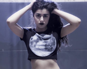 Screen Printed Soft FULL MOON Black Crop Top Great Quality