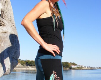 Mini Skirt with Feathers Black with Blue Panels Bamboo Blend Native American Style Screen Print Festival Clothing Adjustable Length