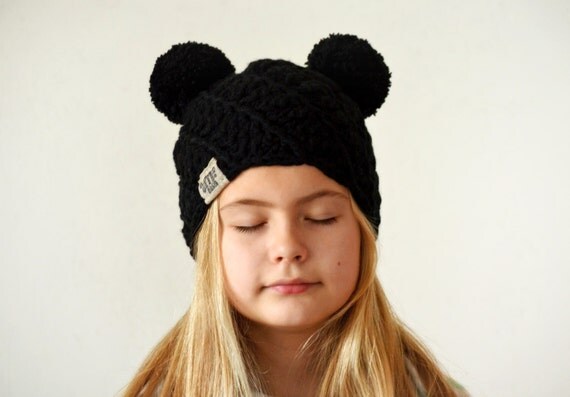 pom beanie mickey pom ears, beanie hat, mouse pom hat, knitted disney pom black mickey