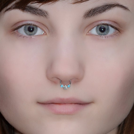 Silver Flower Septum Ring Turquoise - Septum Piercing 16 gauge - Nose Ring Hoop - Tragus Jewelry - Daith Piercing - Forward Helix Earring