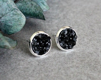 Black Stud Earrings, Black Druzy Earrings, Black Earrings, Black Post Earrings, Faux Druzy Earrings, Black Druzy Stud Earrings 10MM