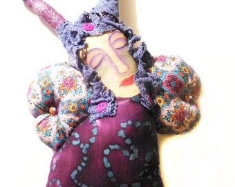 Handmade Purple Butterfly Cloth Folk Art Doll with Painted Muslin Face Whimsy Woman Art by Jeanne Fry