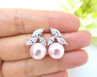 Blush Pink Pearl Earrings Wedding Jewelry Cubic Zirconia Stud Earrings Rosaline Pearl Earrings Wedding Jewelry Bridesmaids Gift (E200)