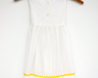White Toddler Dress, Baby Girls Dress, White Sheer Dress with Yellow Rickrack, Vintage, Size 3T, Baby Girl Clothes, 1970's