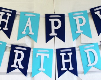 Happy Birthday Banner, Happy 1st Birthday Banner, Light Blue and Navy Banner