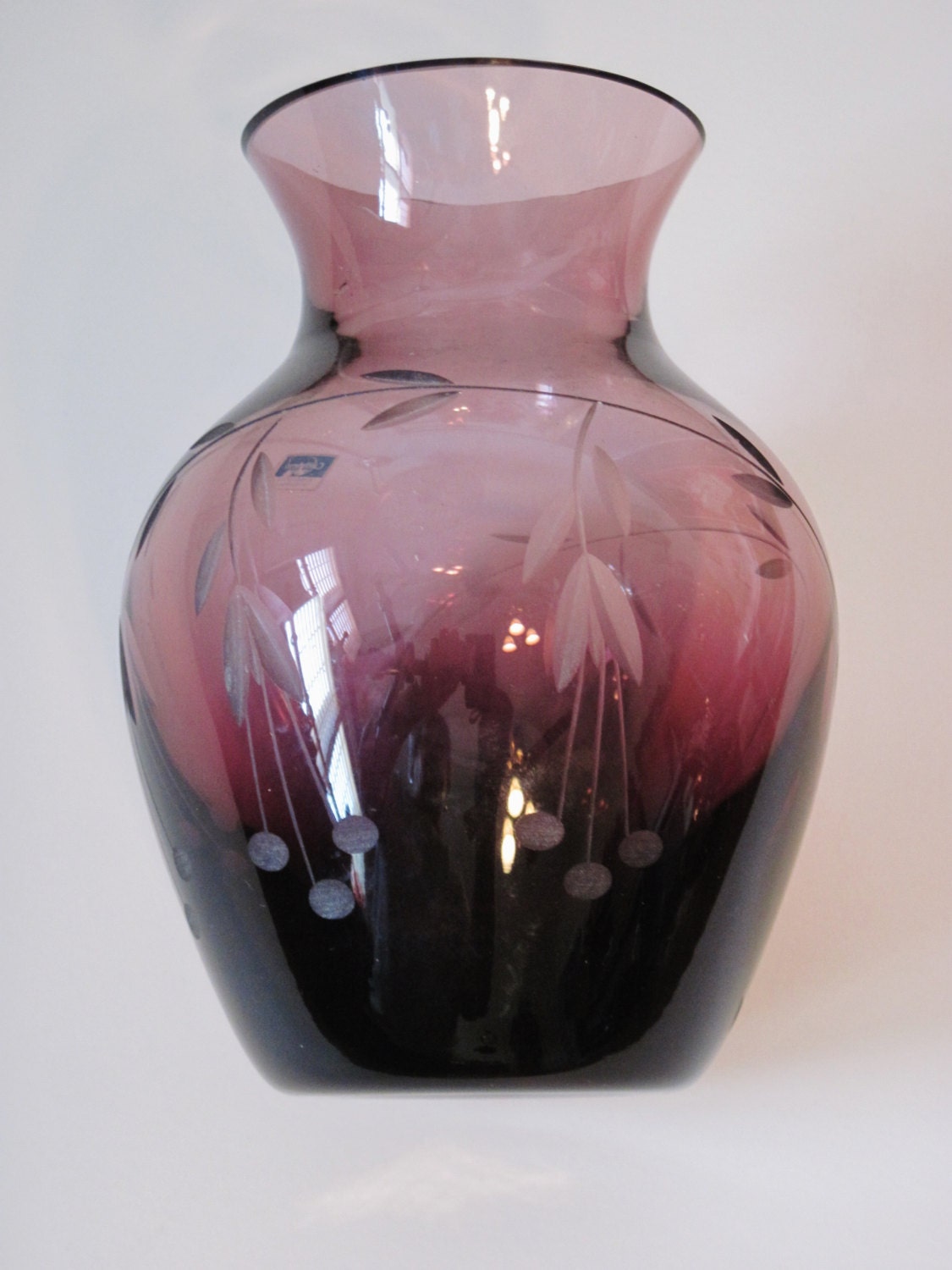 Caithness Amethyst Glass Vase Etched with Vines and Cherries