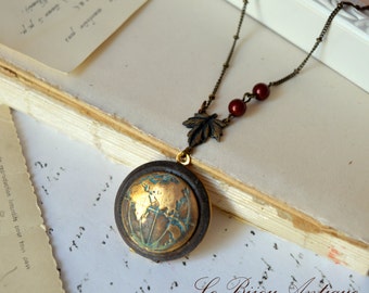 World Map Locket necklace Globe antique bronze vintage oxidized bordeaux swarovski pearls Western hemisphere or Eastern gift for her