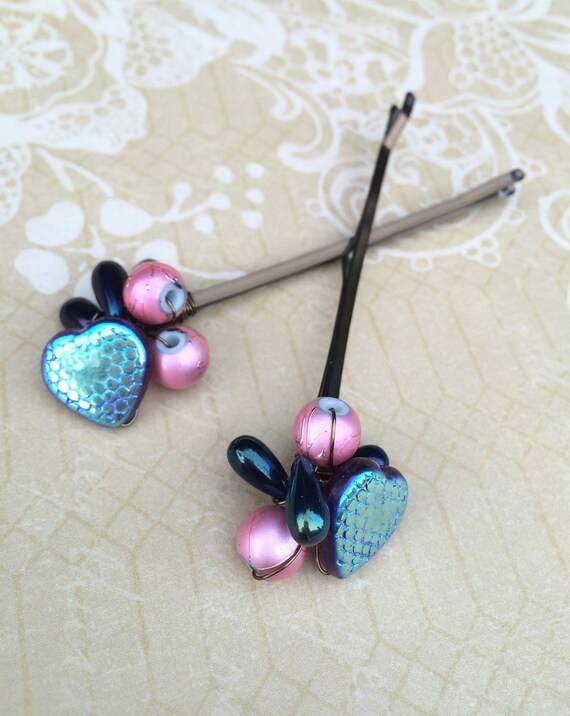 Items similar to glass beaded hair clip set pink purple hair pin wire