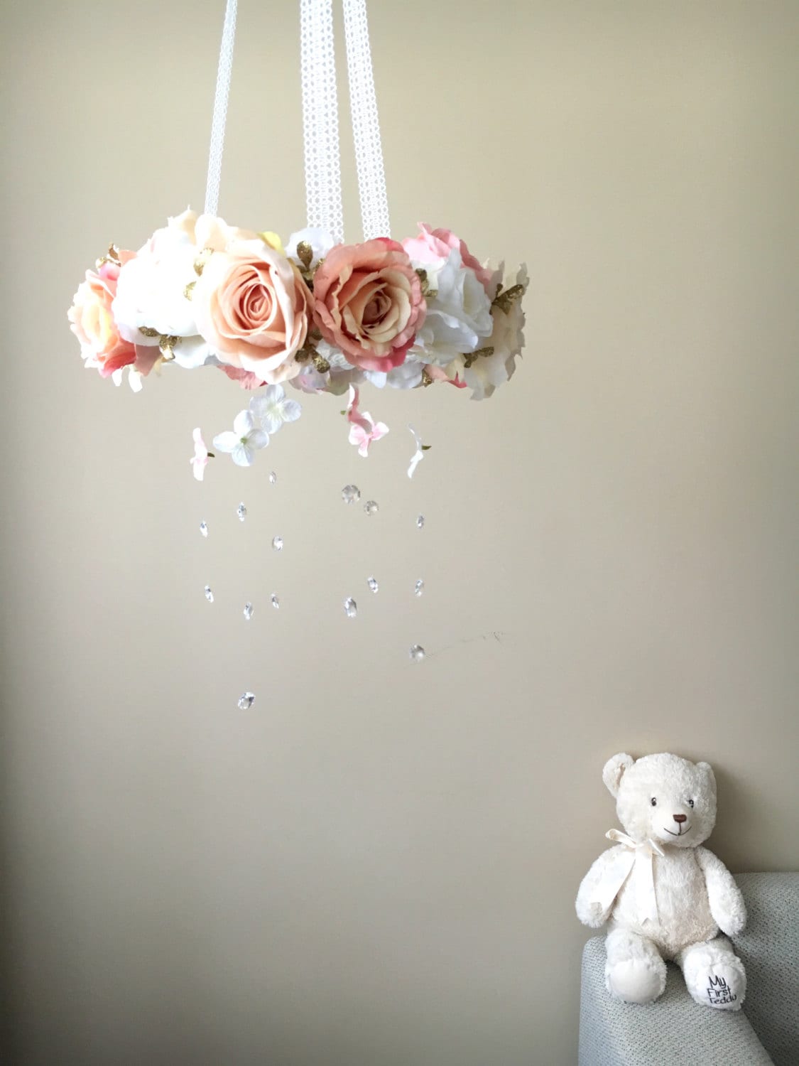 Baby mobile, Flower mobile with genuine Swarovski crystals / Crib mobile, Nursery decor, Wedding chandelier, Rose gold nursery
