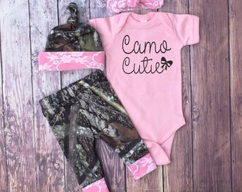 Baby Girls Coming Home Outfit, Camo Leggings, Camo Cutie, Hat and Headband, Pink with White Lace, Little Girls Country Outfit, Pink Bodysuit